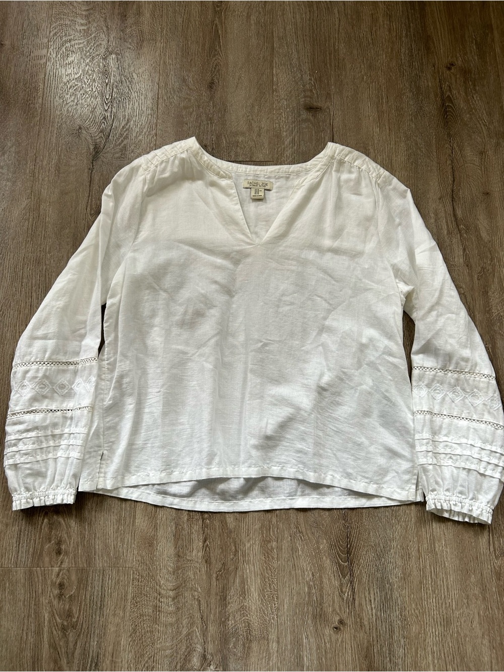 Rachel Zoe White V-Neck Embroidered Sleeve Blouse- Natural Fibres